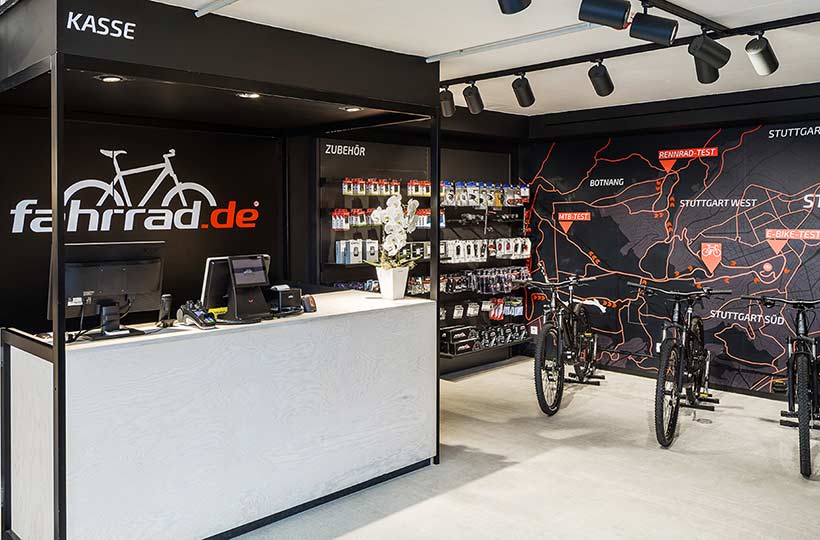 Ladenbereich des Fahrrad.de Shops in Stuttgart, Referenz-Shop der Figo Gmbh, Shopdesign, Shopkonzeption, Projektleitung und Bauleitung